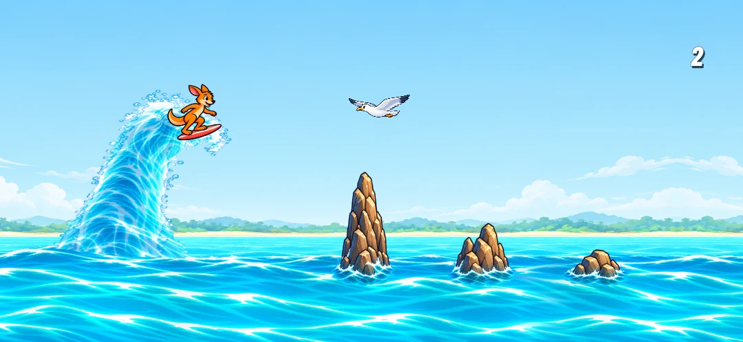 Surf Rush gameplay with the kangaroo, rocks, a flying seagull and the score counter