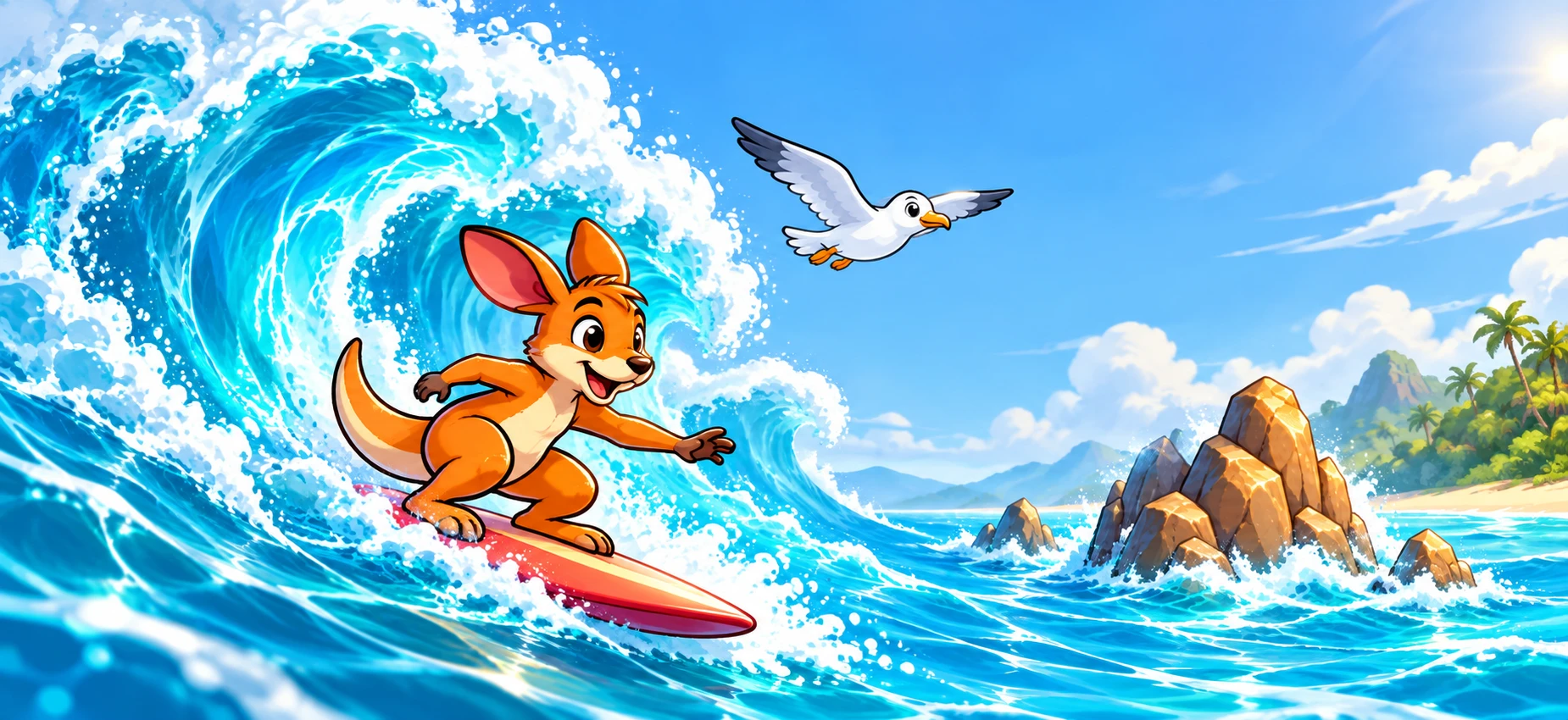 A kangaroo surfing a turquoise wave beside a tropical beach