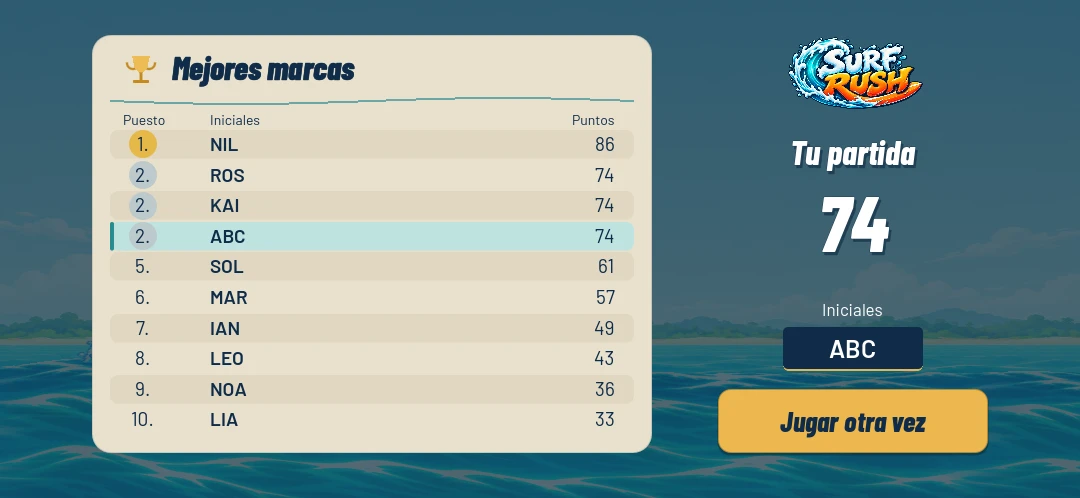 Surf Rush results screen showing a local score table